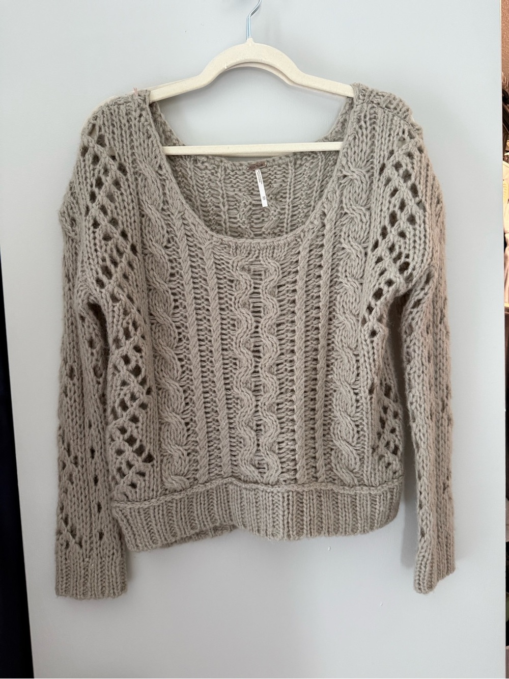 Free People Cable Knit Scoop Neck Sweater - Taupe